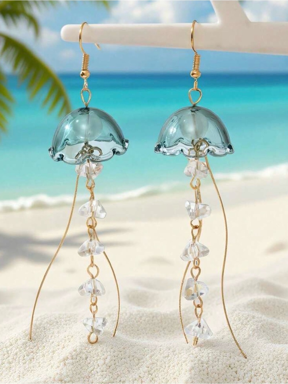 Sea Glass Blue Jellyfish Dangle Earrings with Gold Accents - Picture 6 of 6